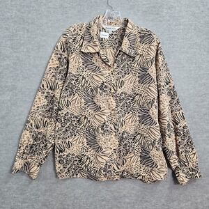 VINTAGE Elizabeth Terrell Women Top Large Brown Silk Animal Print Button Up
